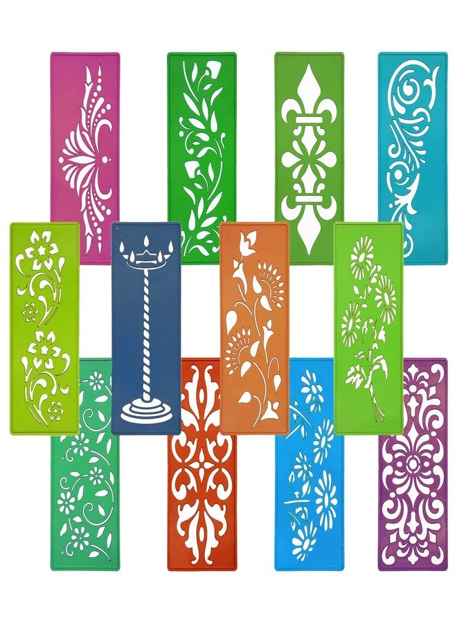 Ascension 12 Border Rangoli Making Stencils Multi Design Colorful Rangoli Making Stencils Rangoli Stencils Set for Diwali Decoration (Rectangular) - Image 1